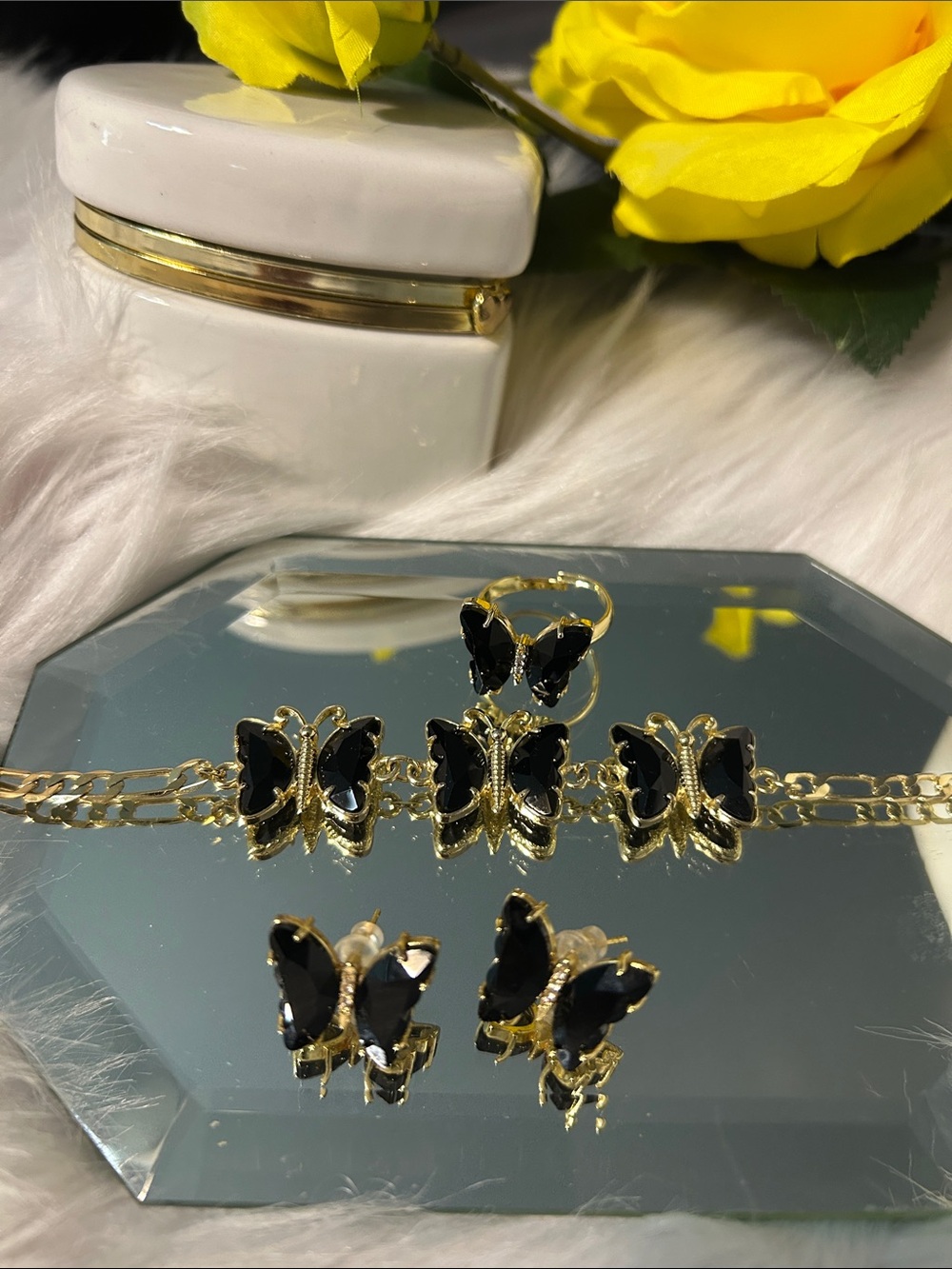 Gold Butterfly Jewelry Set with Black Stones - Women Jewelry